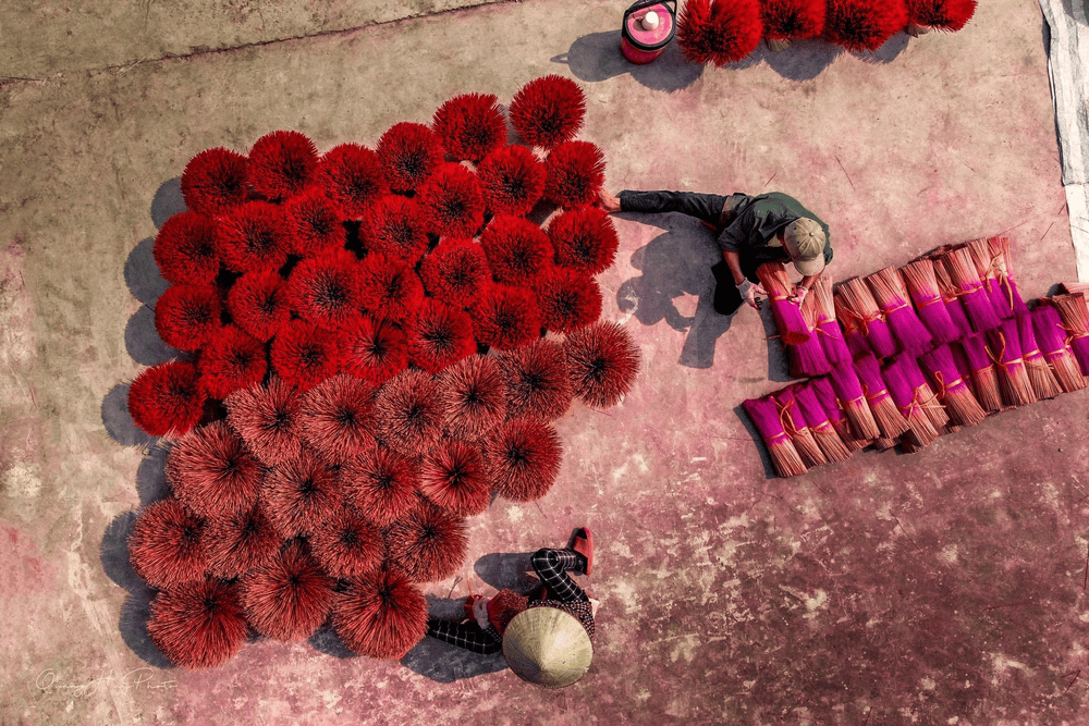 Vibrant crimson incense stick bouquets drying under the summer sun in Quang Phu Cau, Hanoi.